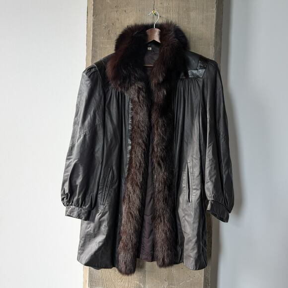 Vintage Black Leather Trench Coat Fur Penny Lane Jacket Goth Minimalist Large - Picture 9 of 11